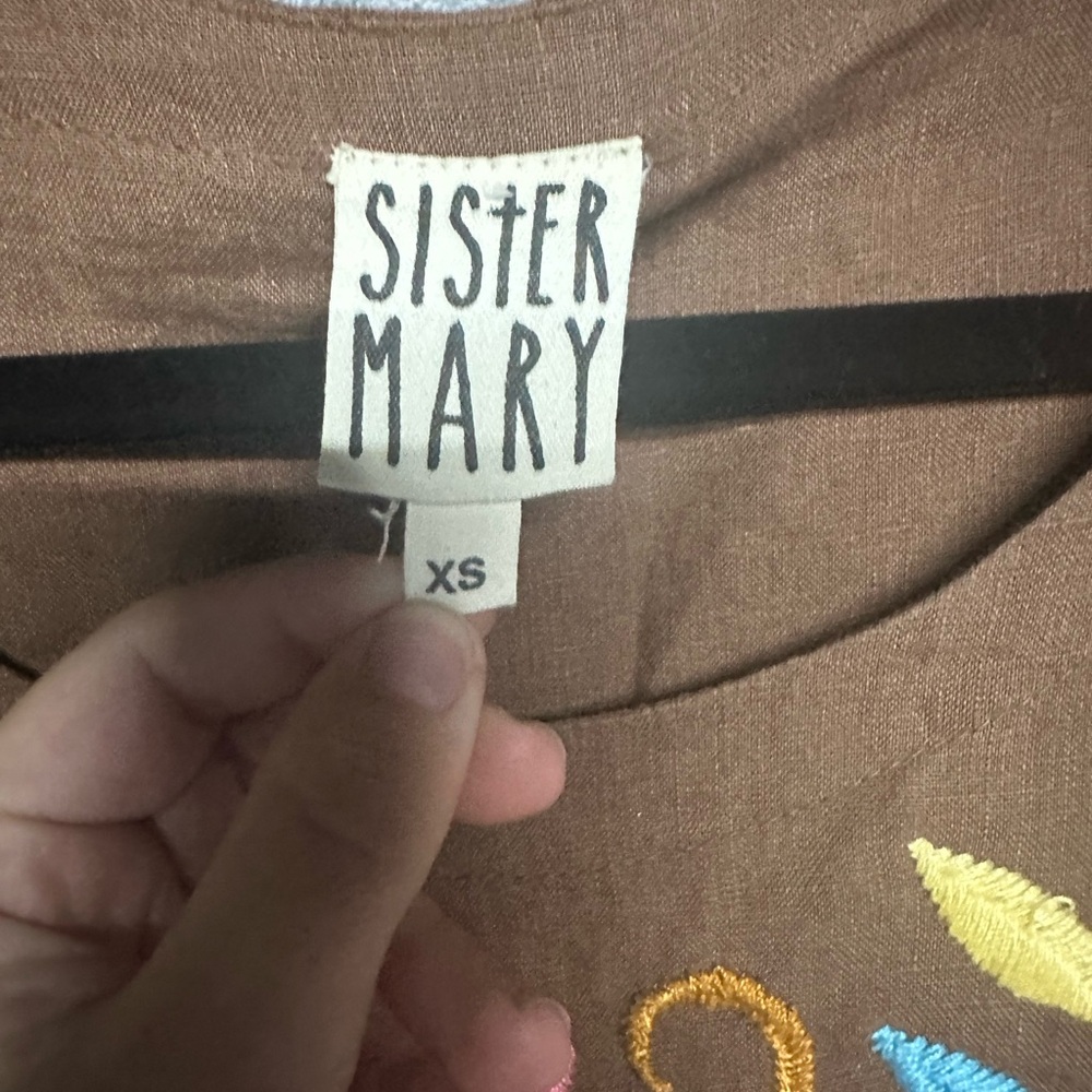 Sister Mary Barbara Embroidered Linen Dress Brown XS - Picture 2 of 4